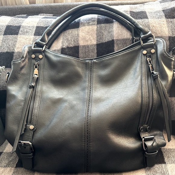 🌟REALER Beautiful Black Pebbled Leather Purse, 13”x17”,Fringe Zipper-Pulls🖤Sassy - Picture 4 of 15